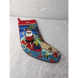 LANDS' END "Mom" Christmas Hawaiian Santa Wool‎ Velvet Needlepoint Stocking